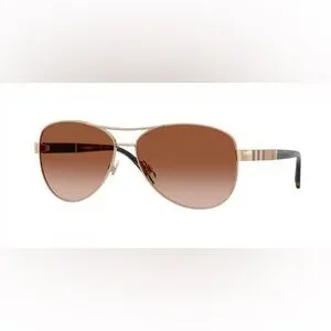Burberry Brown Aviator Sunglasses with Striped Temples - Burberry BE3080 Burberry BE3080 L (59 - 14) with Brown lenses and Gold frame  main image 2